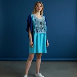 Custo Barcelona Beaded Tunic Dress Women's 4 Aqua Blue Embellished Fluter Sleeve